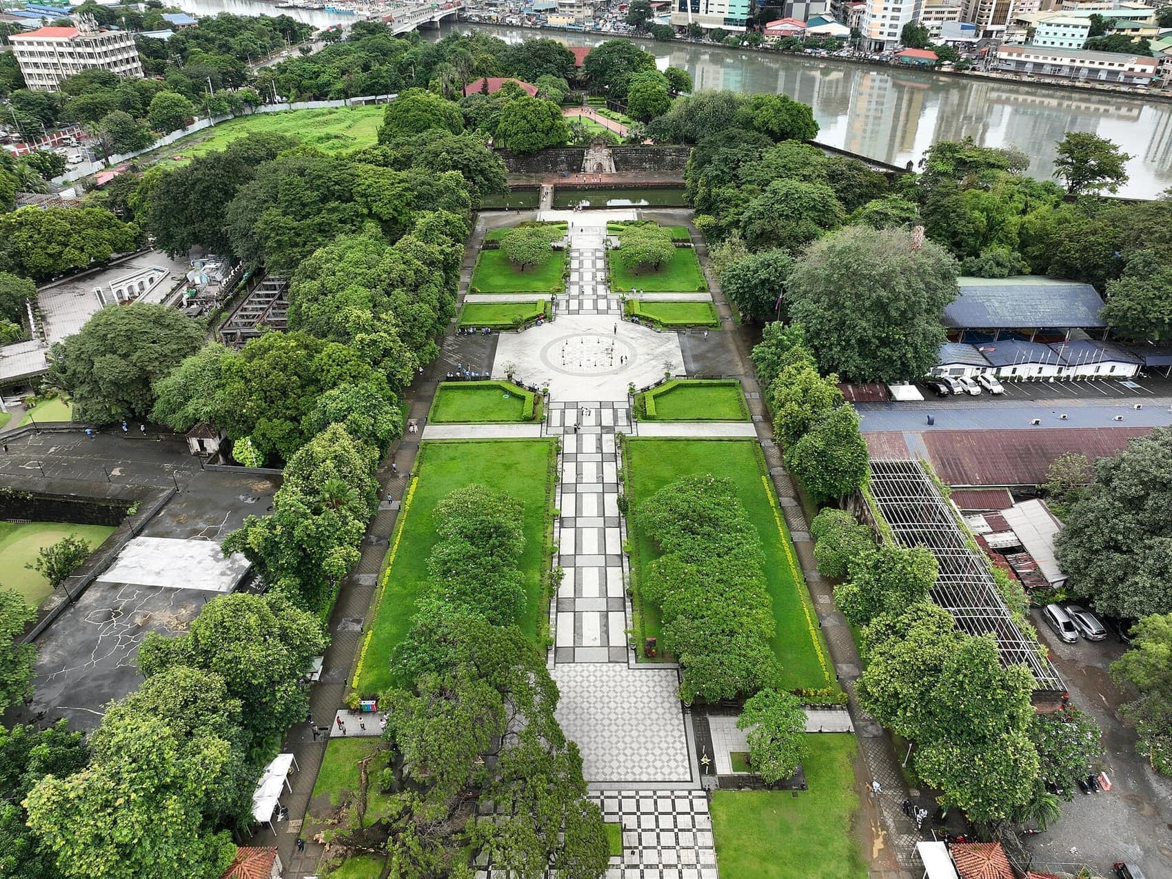 Plaza Moriones inside Fort Santiago from above: formal gardens laid over 16th-century bastions