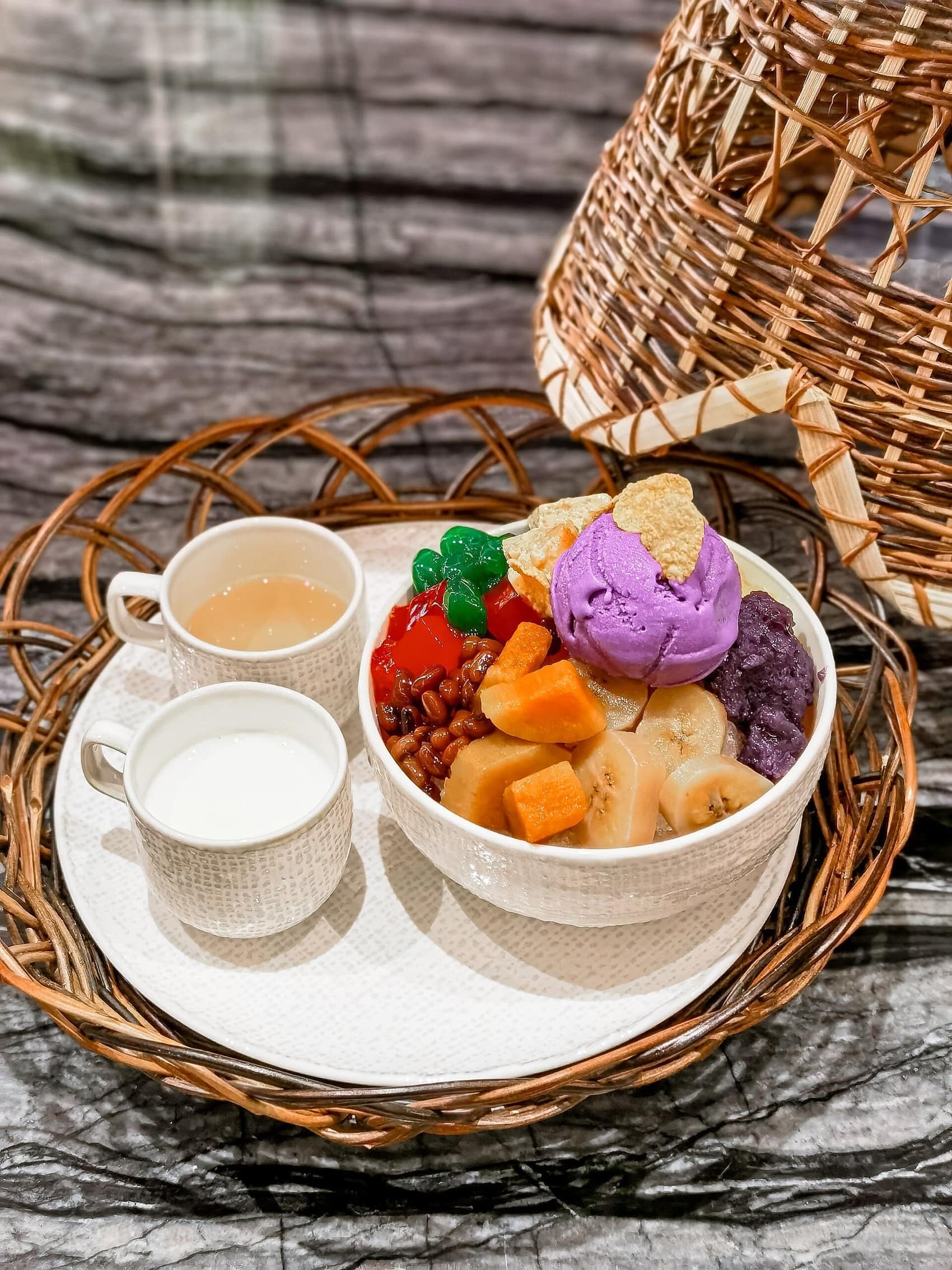 Halo-halo: shaved ice, ube, leche flan, saba, beans, evaporated milk. Order one per person