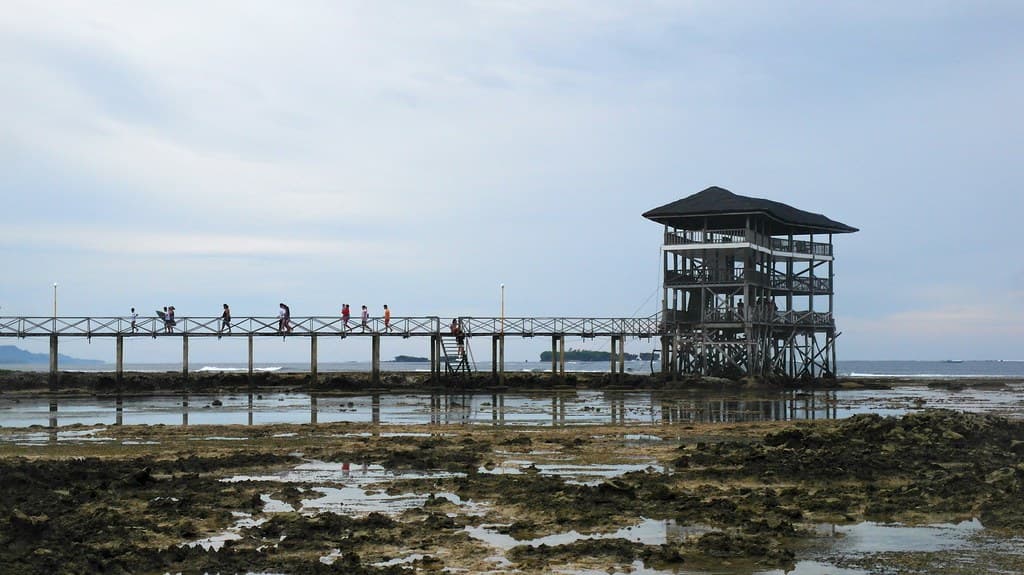 The Cloud 9 boardwalk running out over the reef to its viewing tower at low tide
